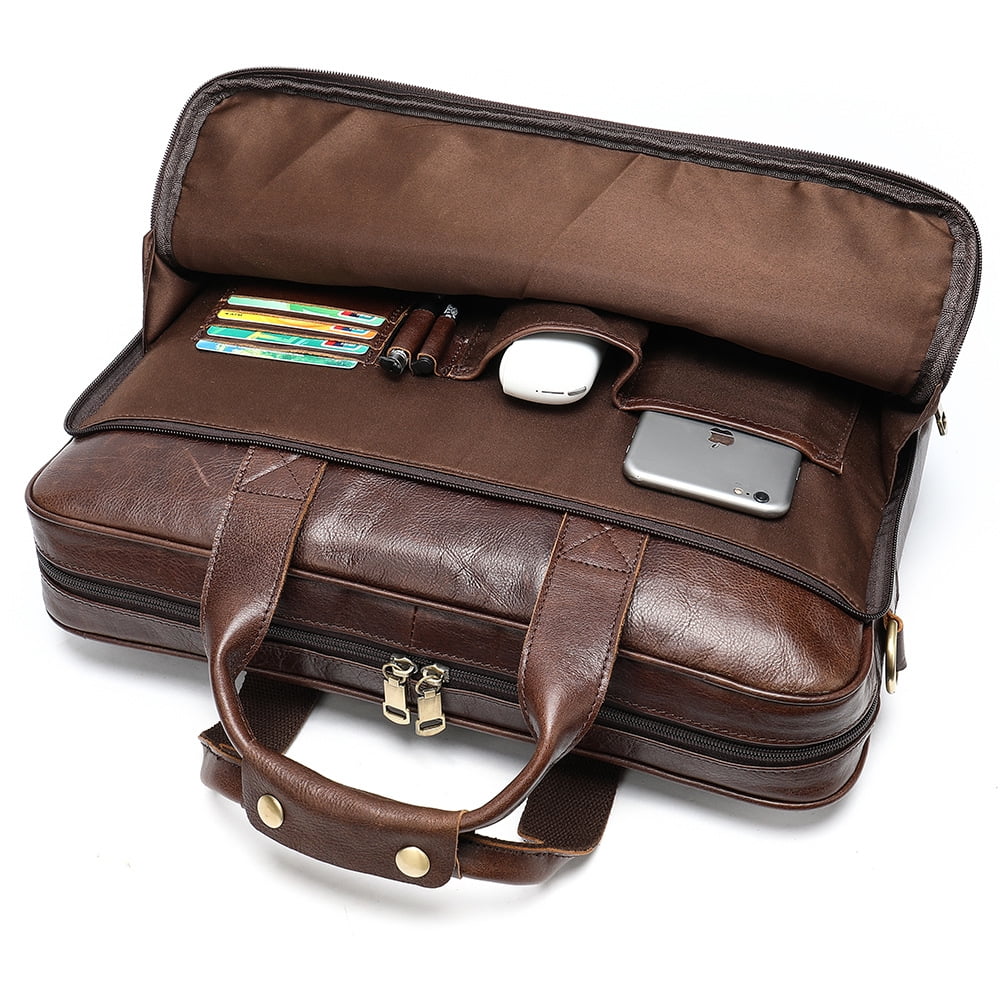 Classic men's genuine leather 15.6in briefcase, business laptop bag, can be worn over the shoulder or across the body, large capacity, easy to clean.