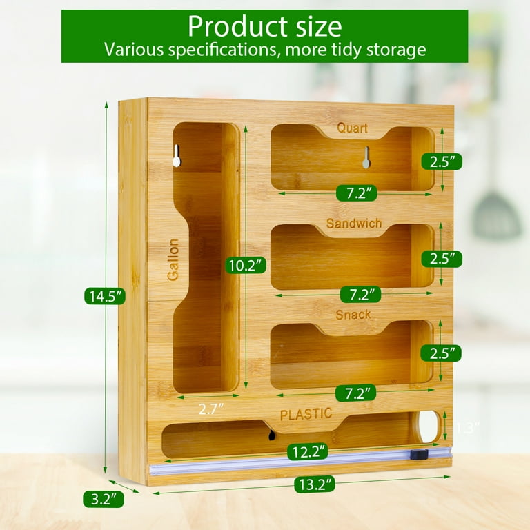 SOGUAOLO Bamboo Ziplock Bag Storage Organizer and Dispenser for Kitchen  Drawer–Food Storage Bag Holders Compatible With Gallon, Quart, Sandwich 