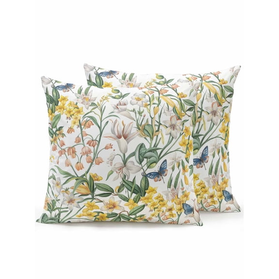 Outdoor Pillows Waterproof, Yellow White Floral Bedding Throw Pillows with Insert for Couch Sofa Bed, Spring Farmhouse Flowers Botanical 16x16 Inch Pillowcases Decorative Patio Pillow Set of 2