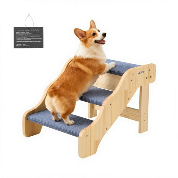VEVOR Wood Pet Stairs, 3-Step Dog Stairs for High Beds, Sofa & Cars, 150lbs Load Capacity, Non-Slip Surface, Stable Cat & Dog Step Ladder for Small Medium Large Older Pet Puppy Essentials