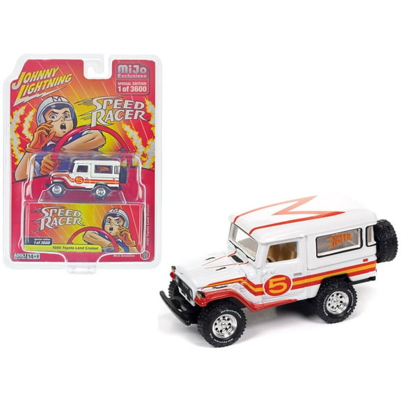 1980 Toyota Land Cruiser White with Red & Yellow Stripes "Speed Racer" Livery Ltd Ed 1/64 Diecast Model Car by Johnny Lightning