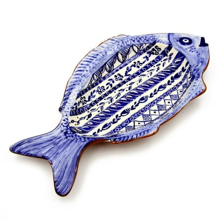 - Hand-painted Vintage Traditional Portuguese Terracotta Large Fish Shape Platter