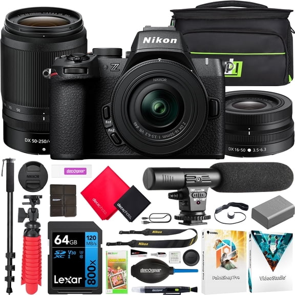 Nikon Z50II Mirrorless Camera 4K DX Body with 2 Lens Kit 16-50mm   50-250mm VR 1788 Content Creator Bundle with Deco Gear Photography Bag   Microphone   Monopod   64GB Card   Software & Accessories