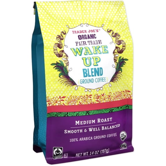 Trader Joe's Organic Fair Trade Wake Up Blend Medium Roast 100% Arabica Ground Coffee, 14 oz