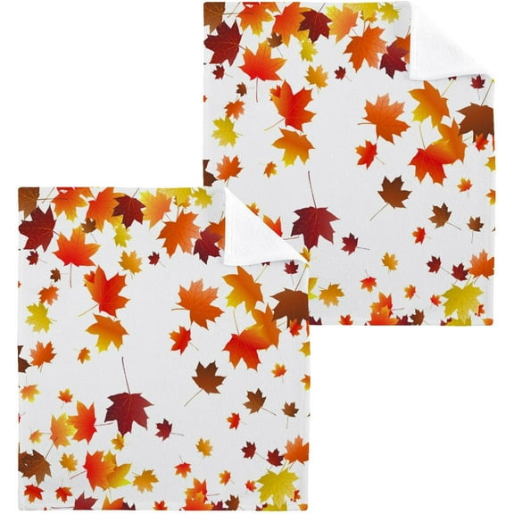 SKYSONIC Autumn Maple Leaf Washcloths Set of 2, Highly Absorbent Soft Cotton Fingertip Towels for Bathroom, Kitchen, Gym, Spa, Home Decor, 12 x 12 Inch