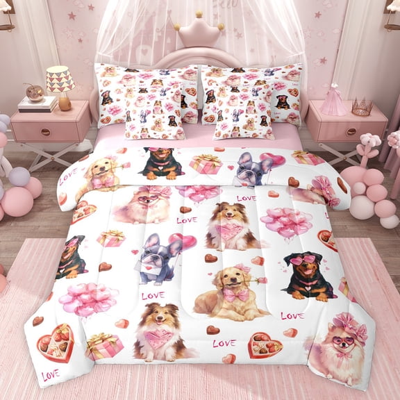 Castle Fairy Boys Girls Cartoon Animal Bow Dogs Twin Bedding Sets 7-Piece,Happy Valentine's Day Bedding Comforter Set Microfiber,Kawaii Love Heart Print Breathable Sheet Sets,Luxury Bedroom Decor