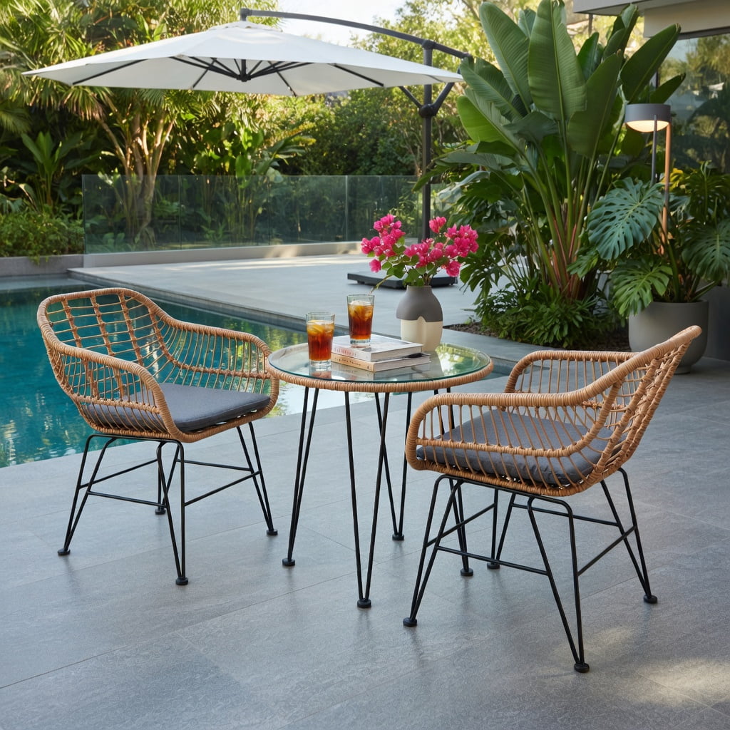 Hommoo 3-Piece Outdoor Rattan Patio Furniture Set, 2 Armchairs + Coffee Table with Removable Cushions, Tempered Glass Top, Weather-Resistant Wicker & Steel Frame, Gray