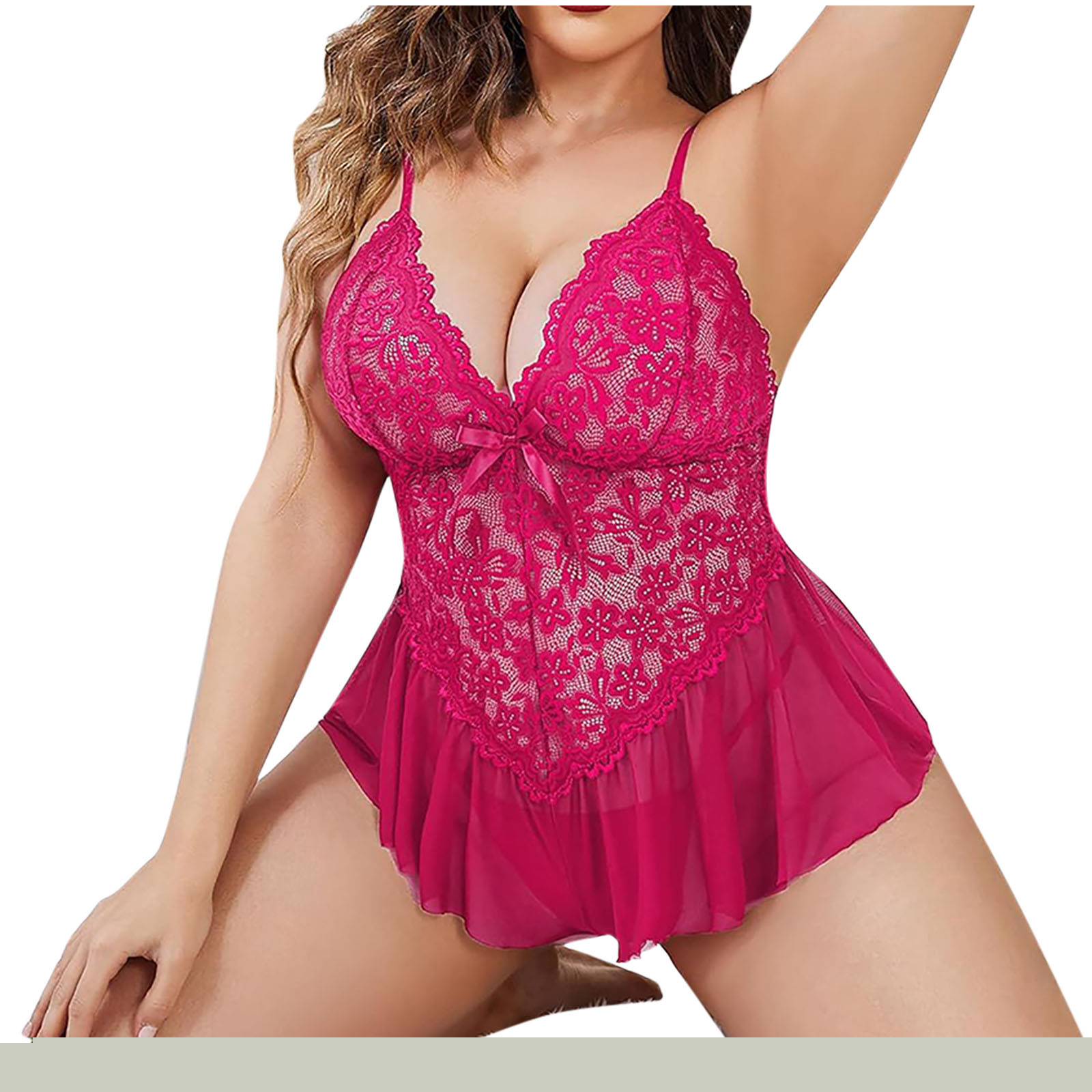 TMOYZQ Plus Size Underwear for Women Lace Bodysuit One Piece See Through Teddy Babydoll Mesh Chemise V Neck Sleepwear L-5XL on Clearance