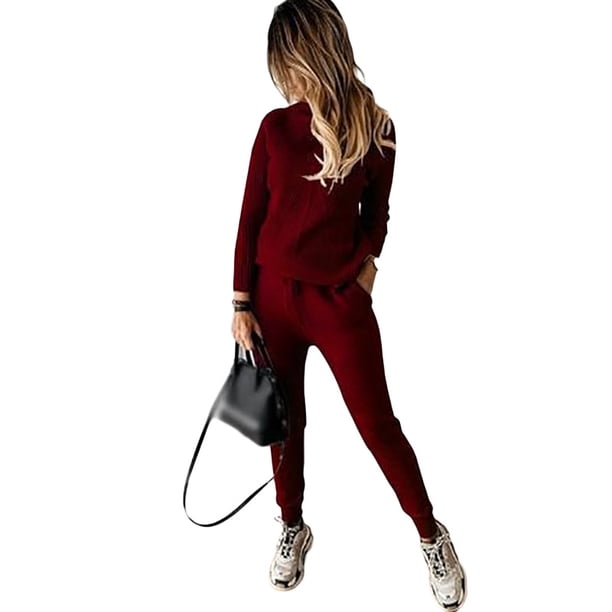 Conjunto de suéter y pantalones casuales de moda de color sólido con cuello alto para mujer