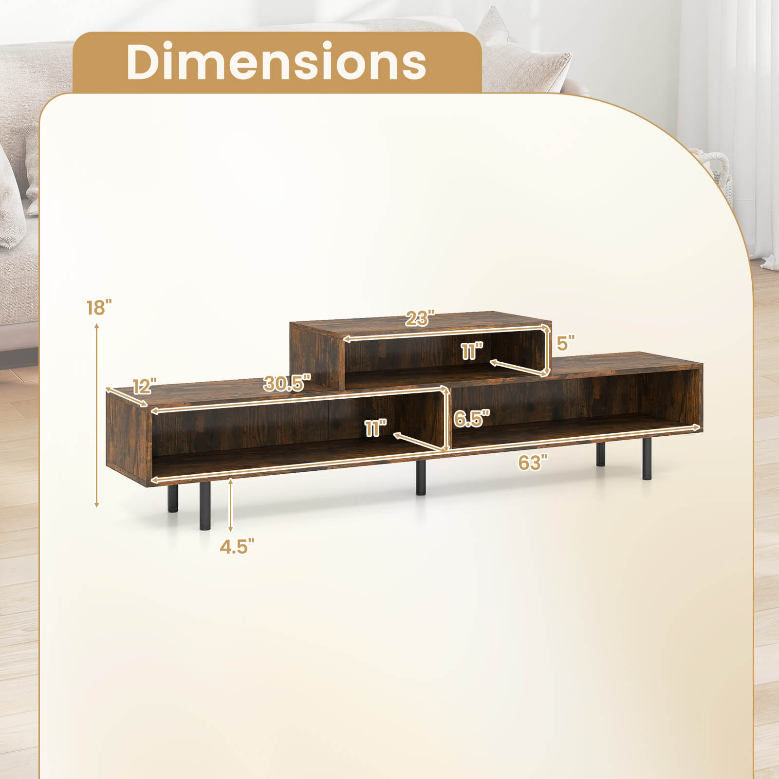 Costway TV Stand, 63” Long Entertainment Center with Open Storage Shelves for TVs up to 70” Rustic Brown