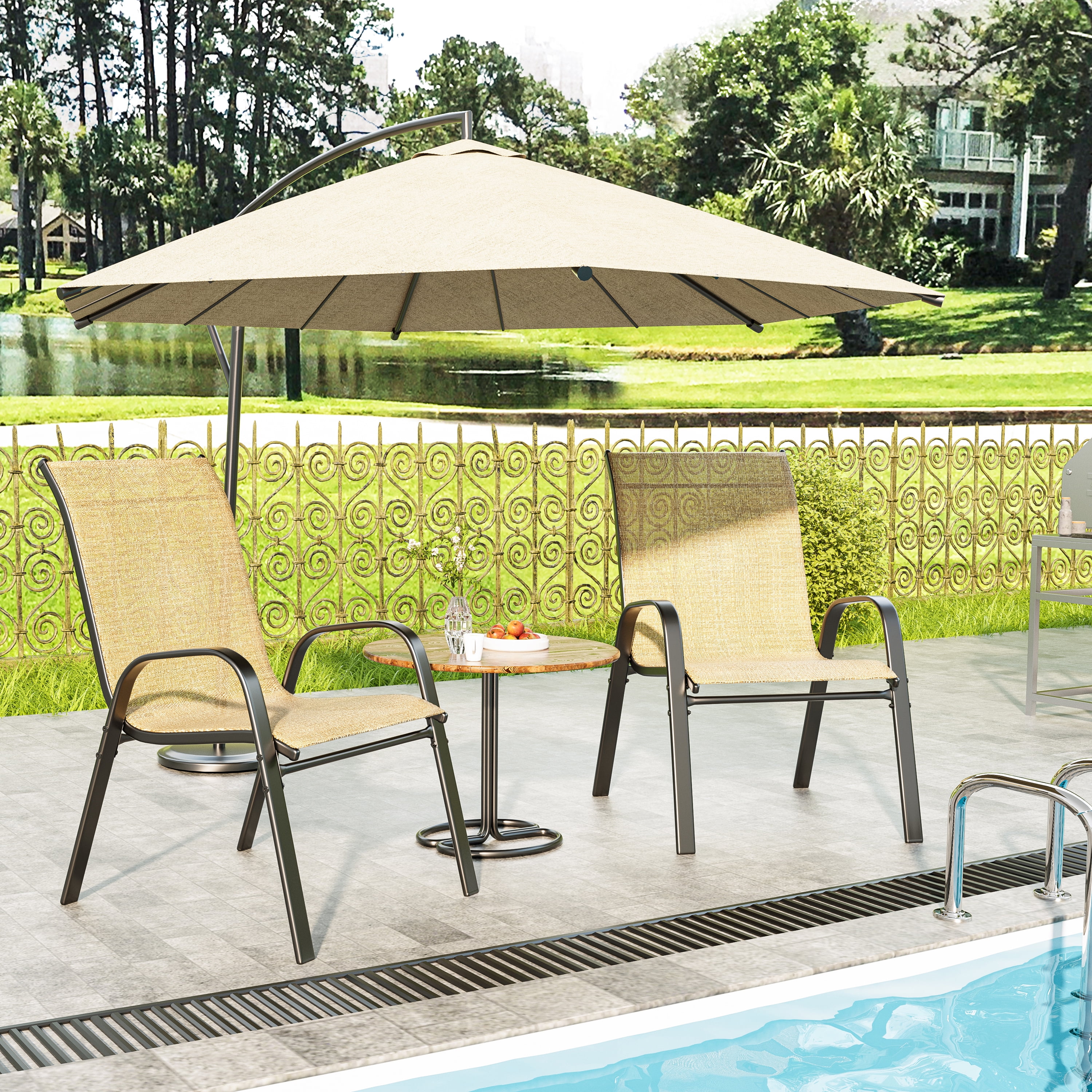 Patio Chairs Set of 2, Outdoor Lightweight Stackable Dining Chairs w/All-Weather Textilene Fabric & Metal Frame, 350LBS Capacity, Outdoor Furniture for Pool Deck, Backyard, Garden(Brown)