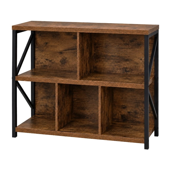 5 Cube Storage Organizer Bookshelf, Horizontal 40" W Industrial Bookcase, Low Profile Short Shelving Unit for Home Office, 13.6" D x 40" W x 30.9" H, Rustic Brown