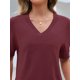 thumbnail image 4 of Top MEROKEETY para mujer, manga corta, cuello en V, de verano, color vino, 4 of 6