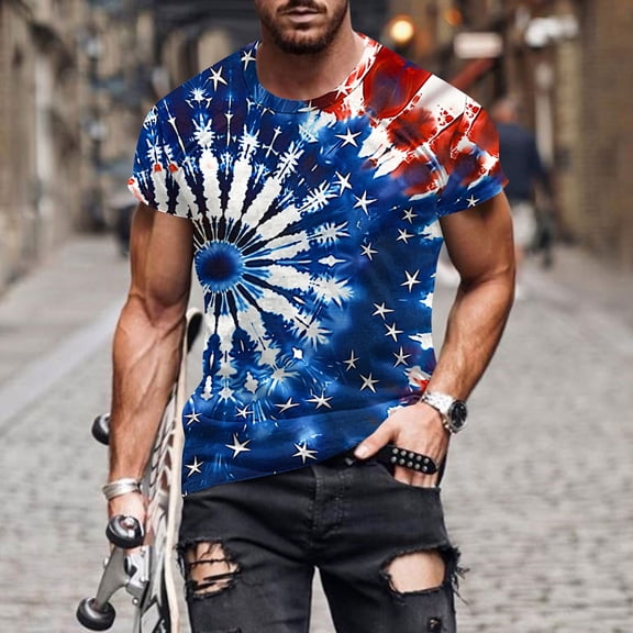 Goodtrade8 Men's 4th of July Tshirts Red White and Blue Pullover Patriotic Short Sleeve Summer Outdoor Graphic Tops for Men Crew Neck