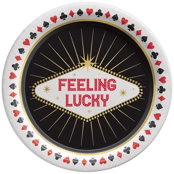 Amscan Casino 7 Inch Dessert Paper Plates 8 Ct Red White Black Disposable Game Night Plates Feeling Lucky