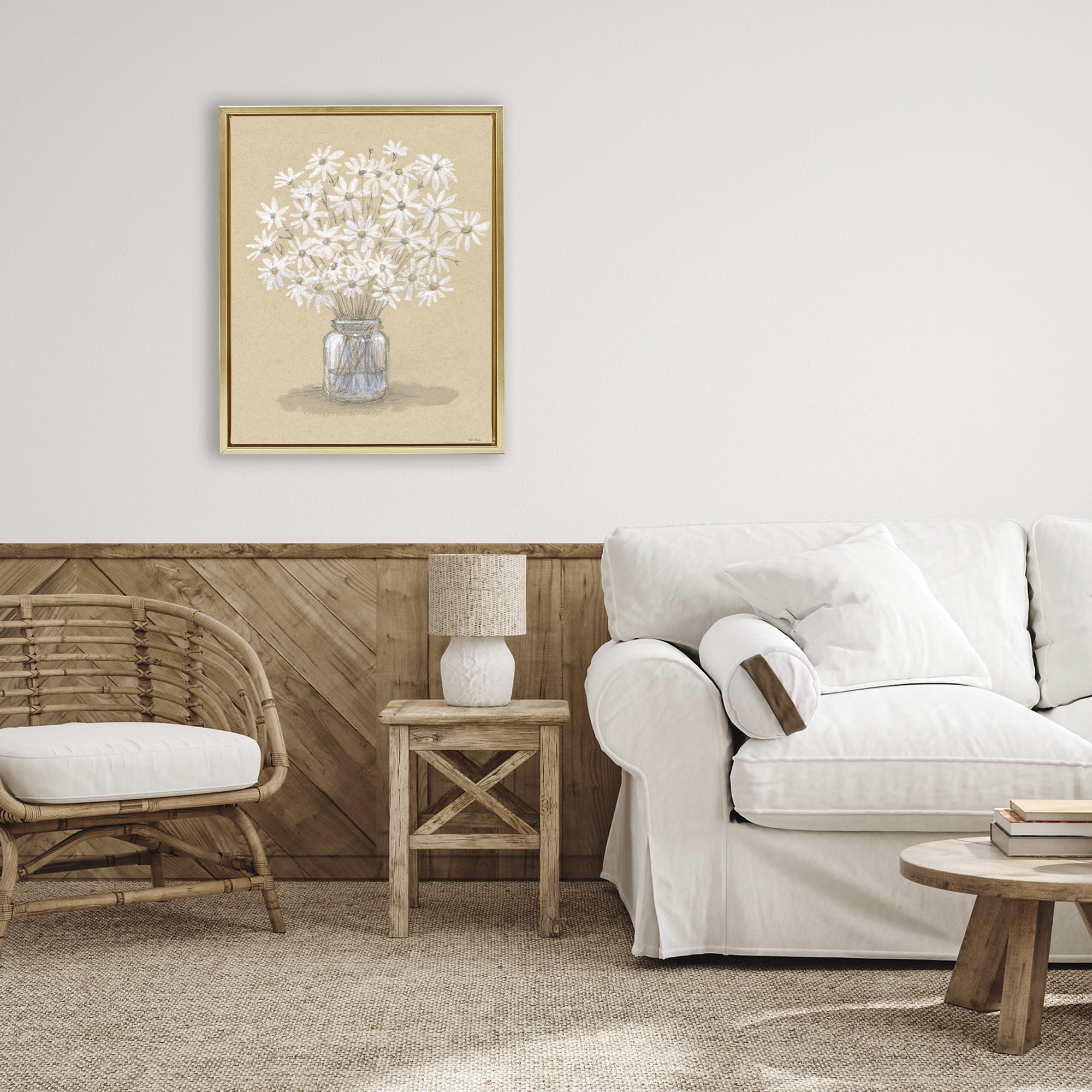Stupell Industries Daisies Jar Drawing Gold Framed Floater Canvas Wall Art, design by Patti Bishop