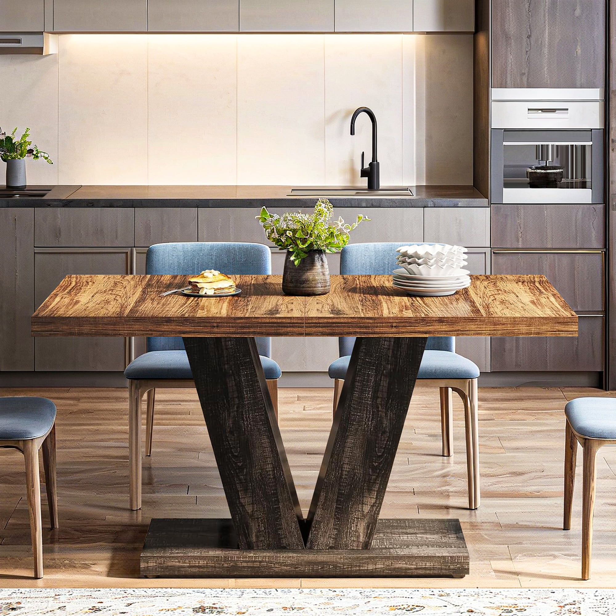 Demi Bonn 47" Farmhouse Dining Table, Wood Rectangular Kitchen Table with Duty Pedestal for Dining Room, Home Office, Living Room Furniture, Brown & Black