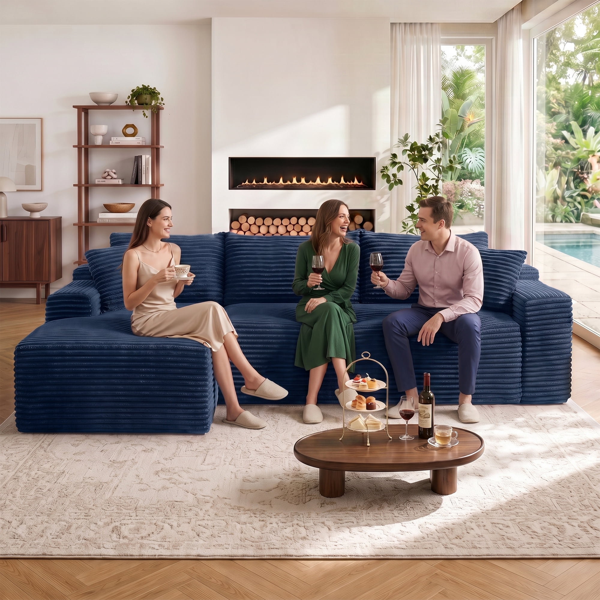 Aukfa 107" Boneless Modular Sectional Sofa, L-Shaped Corduroy Couch with Deep Seat and Left-Facing Chaise for Living Room, Blue