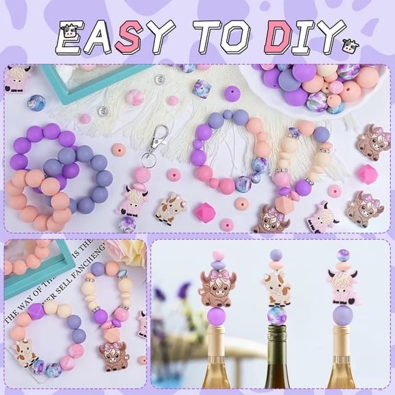 181pcs Highland Cow Silicone Beads, 9mm & 15mm Mixed Colors Focal Bead Cow Rubber Beads, Lentil, Hexagonal, Print Matte/Frosted Bead for Keychain Making, Bracelet Necklace DIY, Craft Pens Accessories