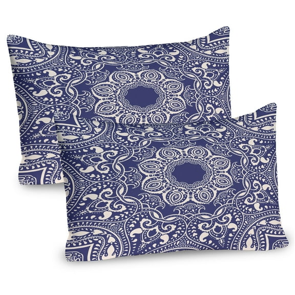 Ambesonne Oriental Pillow Sham 2 Pack, Curly Floral Leaves Image, 36"x20", Blue and Cream