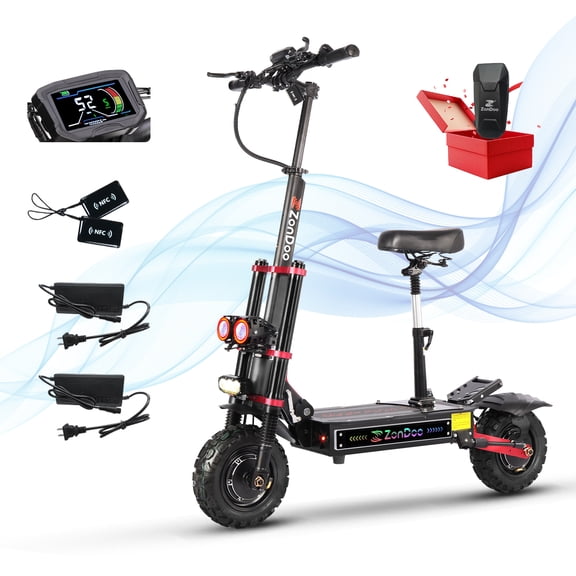 ZonDoo ZO03Plus Electric Scooter Adults with Damper,Up to 55 MPH 60 Miles Range,6000W Dual Motors 11" Off-road Tires Escooter with Seat for Adults