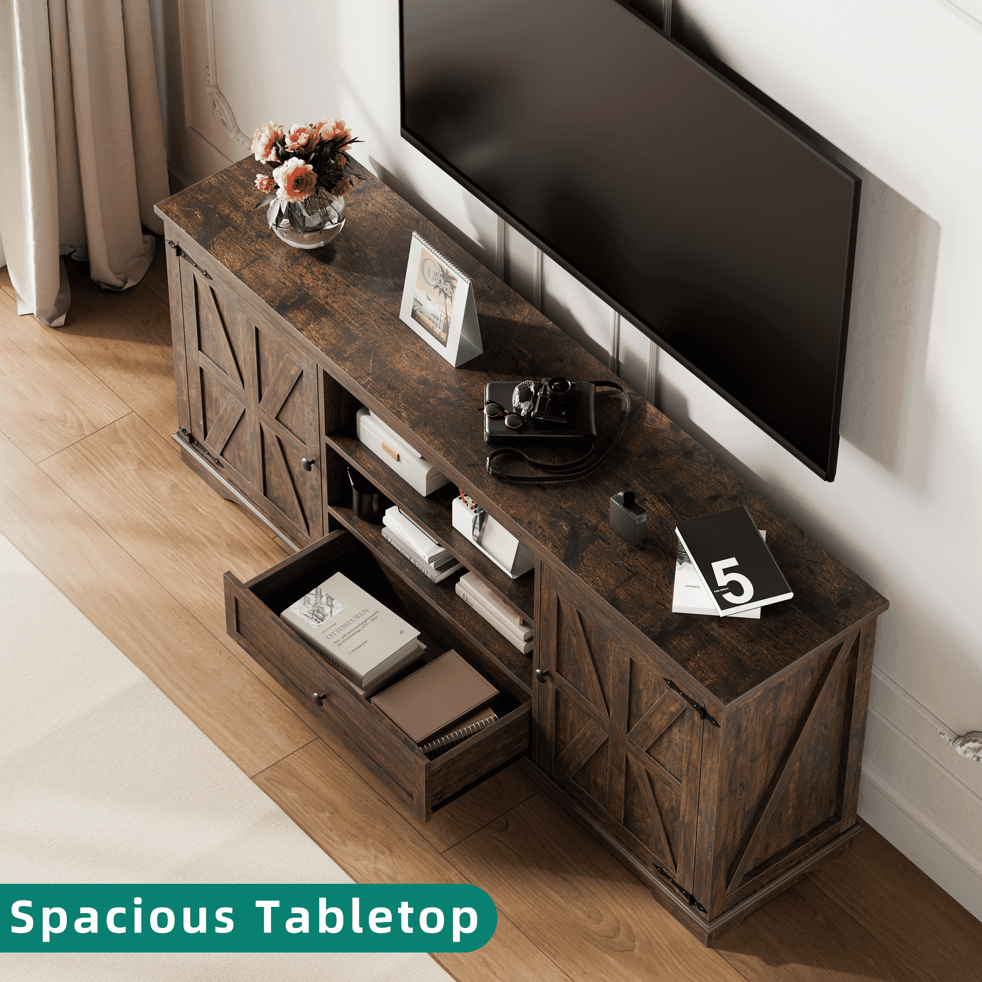 Laintene TV Stands for 65" TV, Entertainment Center with Barn Door, Adjustable Shelves & Storage Cabinets, Solid Wood Media Farmhouse TV Console for Living Room, Brown
