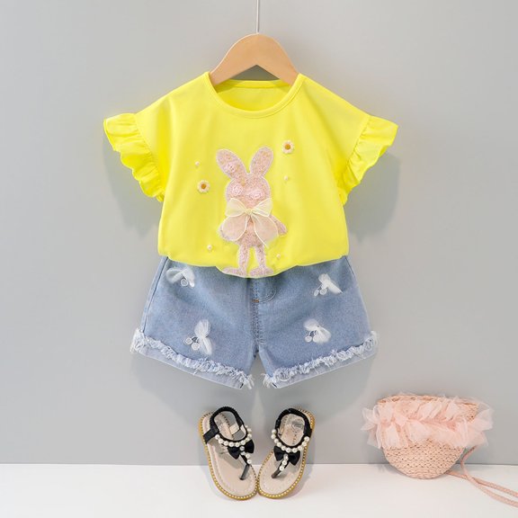 Little Girls Summer Outfits Toddler Easter Clothes Baby Outfit Cute Bunny Bow Applique Shirts Tops Denim Shorts Set Clothes