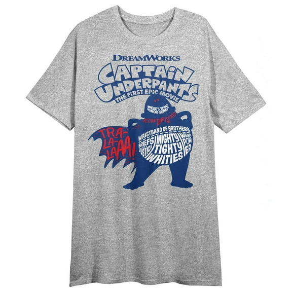Captain Underpants Text Graphic Crew Neck Short Sleeve Gray Heather Women's Night Shirt-Medium