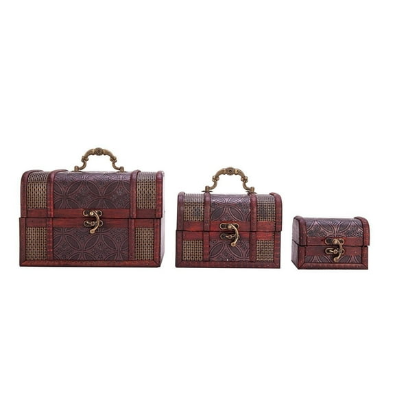 Vintage Wooden Embossed Flower Pattern Jewelry Treasure Box Storage Organizer Trinket Keepsake Chest Pack of 3