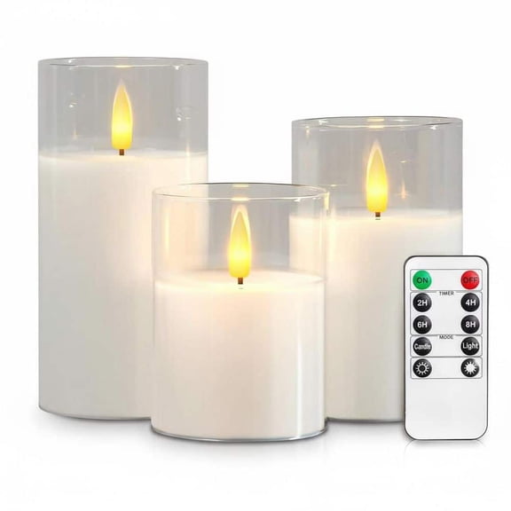 Goyuon 3 Pack Clear Flameless Candles, Realistic Flickering LED Candles with 10-Key Remote Control, Timer & Dimmable, Battery Operated for Home, Wedding, Party, Bar, Cafe Decor