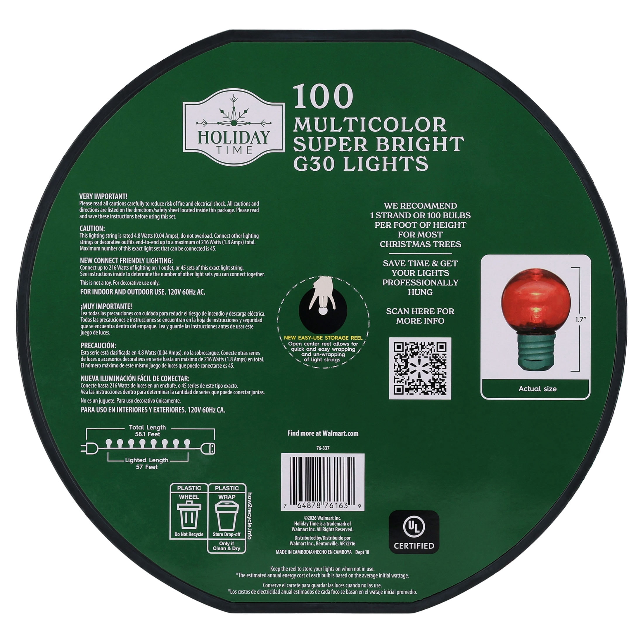 Indoor/Outdoor 100-Count LED Super Bright G30 Christmas String Lights, Multicolor, Green Wire, 57', by Holiday Time