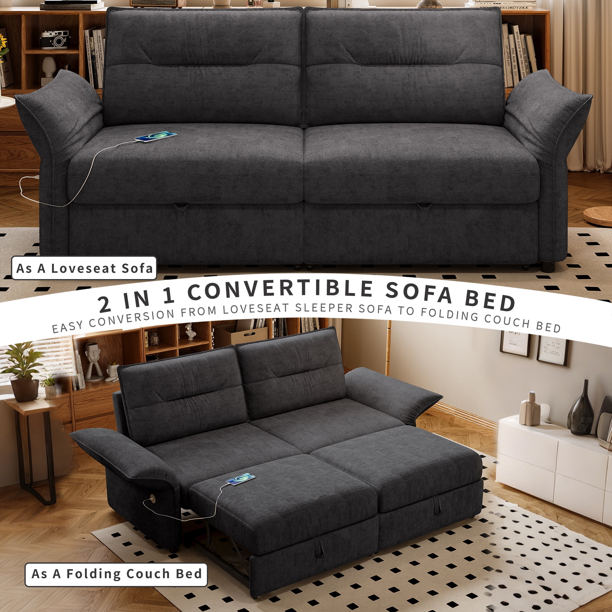 Leumius 85" Convertible Sofa Bed with Wood Frame,2-in-1 Upholstered Sleeper Sofa Bed with Pull Out Bed for Living Room,Apartment,600 lbs Capacity,Grey