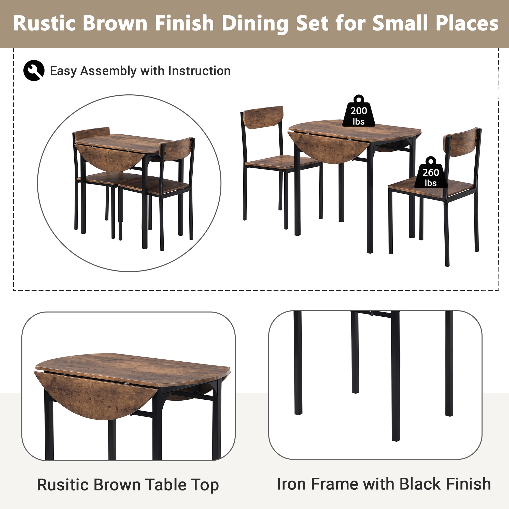 Euroco 3-Piece Round Dining Table Set for 2, Modern Extendable Kitchen Table Set with Drop Leaf,Metal Legs and 2 Chairs for Small Places,Brown