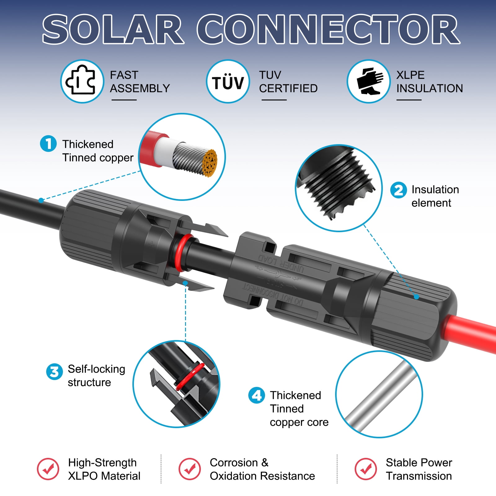 Solar Panel Extension Cable 30FT 10AWG, 6mm² Solar Extension Cable Wire with Female Male Waterproof Connectors for RV, Photovoltaic Systems