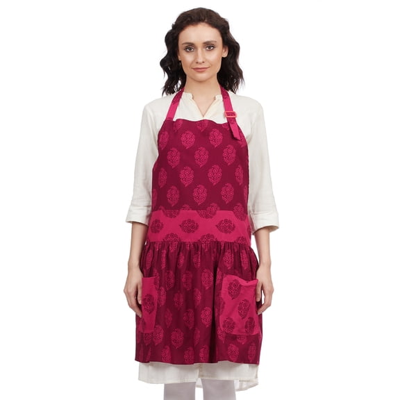 In-Sattva Home 100% Pure Cotton Bohemian Print Adjustable Women's Bib Apron with Pockets; Pink