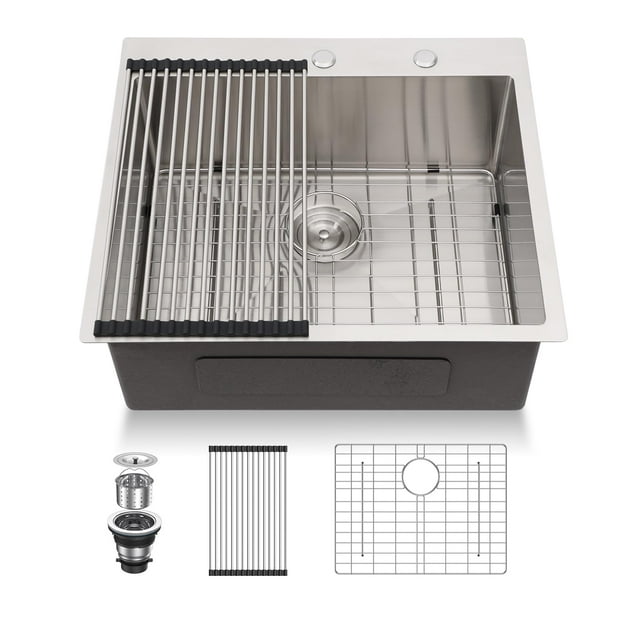 Lordear 25 Inch Drop In Kitchen Sinks Stainless Steel Single Bowl 16 Gauge Topmount Sinks 25 x 22 x 10 With Rack & Drain Assembly & Grid