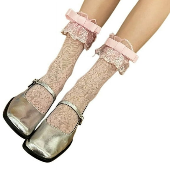 Japanese Style Ruffle Trim Frilly Middle Tube Anklet Dress Socks for Women JK Girl Cute Bowknot Flower Lace Ankle Socks