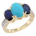 thumbnail image 1 of 14K Yellow Gold Diamond Natural Turquoise Ring 3-Stone Oval 8x6mm with Blue Sapphire, size 5, 1 of 4