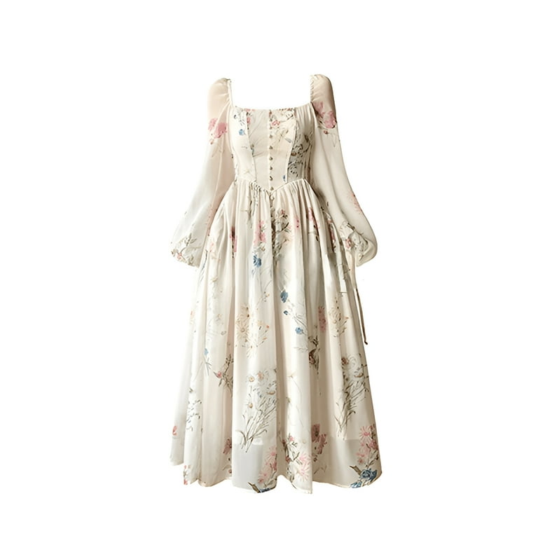French Elegant Floral Midi Chiffon Long Sleeve Sundress French Elegant Floral Midi Chiffon Long Sleeve Sundress