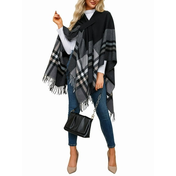 Women'S Wraps Open Front Travel Poncho Cape Warm Oversized Plaid Sweaters Casual Cardigan Shawls Black One size