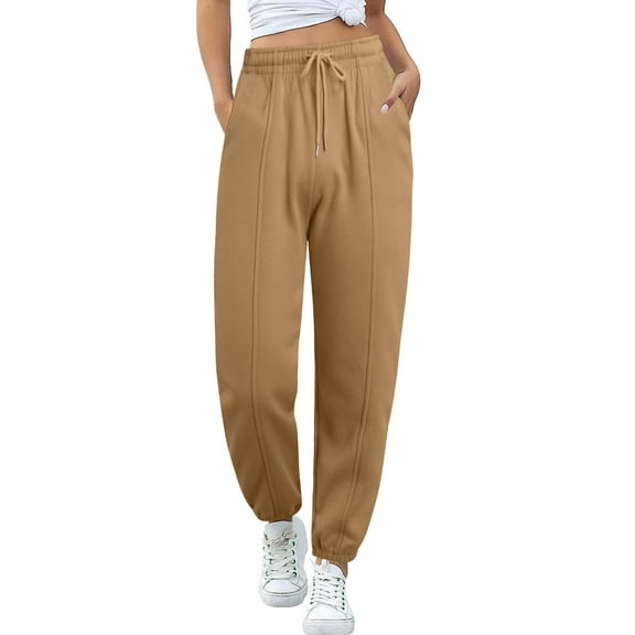 Womens Pants Elastic Waist Cotton Lined Sweatpants Straight Leg Sweatpants Trousers Dressy Casual Khaki 2XL