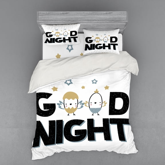 Nursery Duvet Cover Set, Night Lettering with New Born Happy Chicks in the Eggshell Nesting and Stars, Bedding Set with Shams and Fitted Sheet, 3 Sizes, by Ambesonne