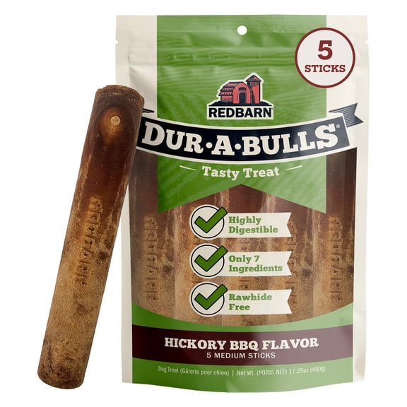 Redbarn Dur-A-Bulls Dog Chews, Medium Stick Hickory BBQ Flavor, 5-Count