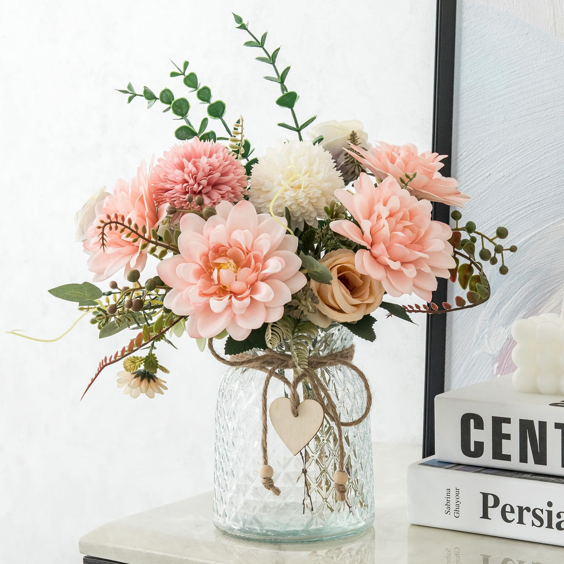 Silk Dahlia Fake Flowers in Vase, Pink Artificial Flowers for Home Decor, Faux Floral Arrangement with Glass Vase for Coffee Table Centerpiece Living Room Bathroom Office Décor, Pink