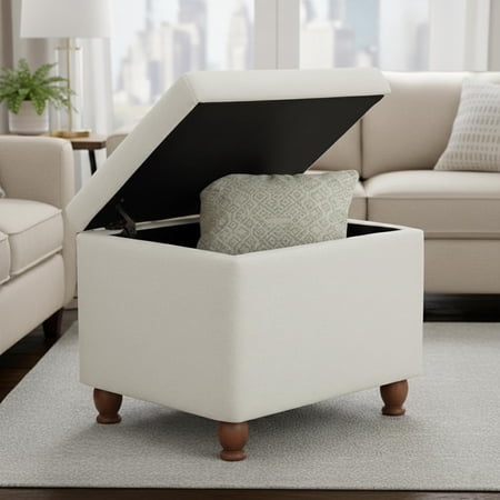 SNUGWAY Classic 22" x 18" Storage Ottoman Footstool with Hinged Lid, Upholstered Fabric Ottoman with Wooden Legs for Living Room, Bedroom