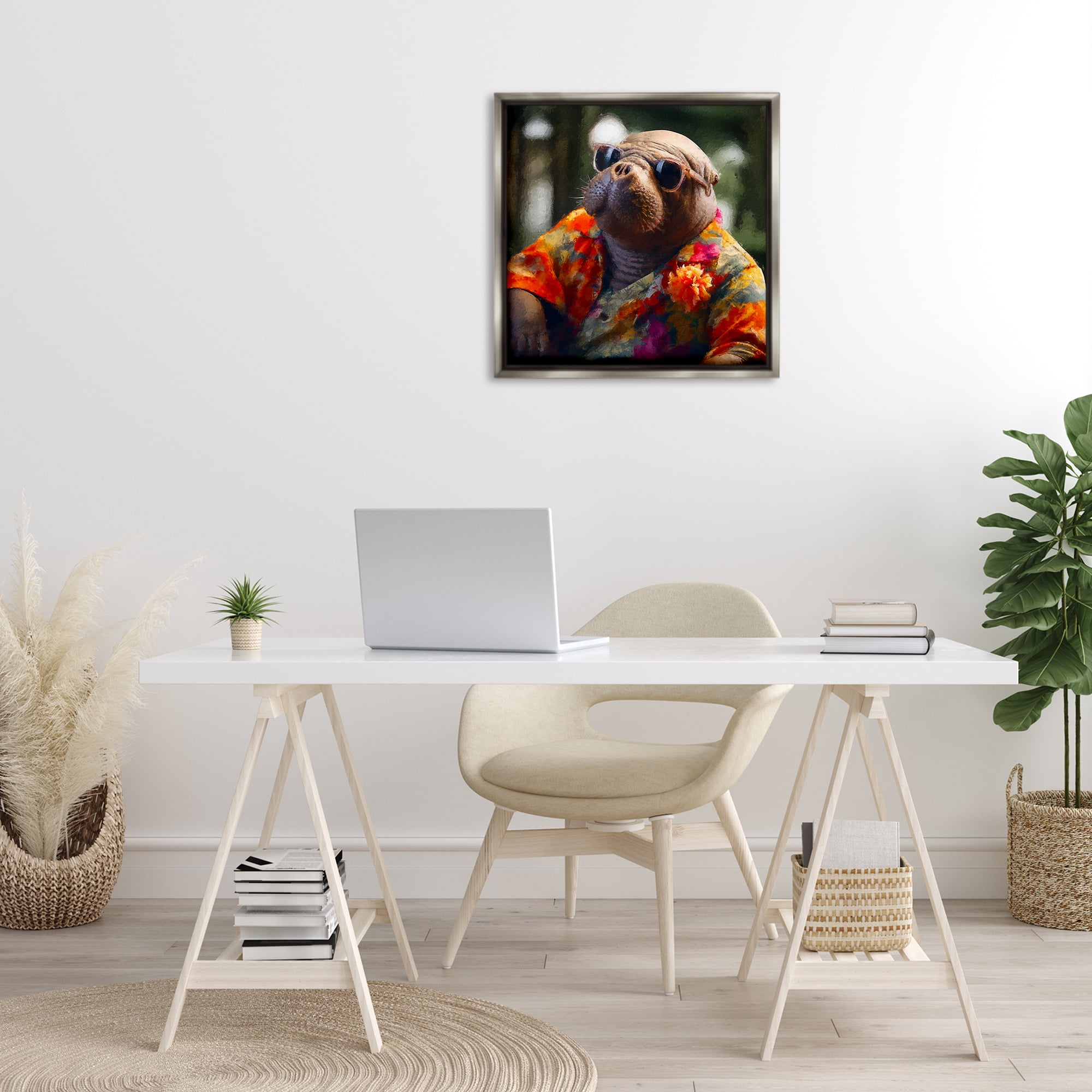 Stupell Industries Manatee with Aloha Shirt Animals & Insects Painting Gray Floater Framed Canvas Art Print Wall Art, 25 x 25