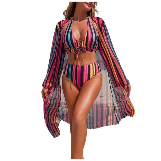 DAFEI Women's Plus Size 3 Piece Swimsuits Triangle Bikini Set with Drawstring Semi Sheer Cover Up Bathing Suit