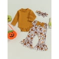 thumbnail image 2 of Diconna Infant Girl Halloween Clothes Ribbed Long Sleeve Romper Pumpkin Print Flare Pants Headband Set Fall Outfit, 2 of 8