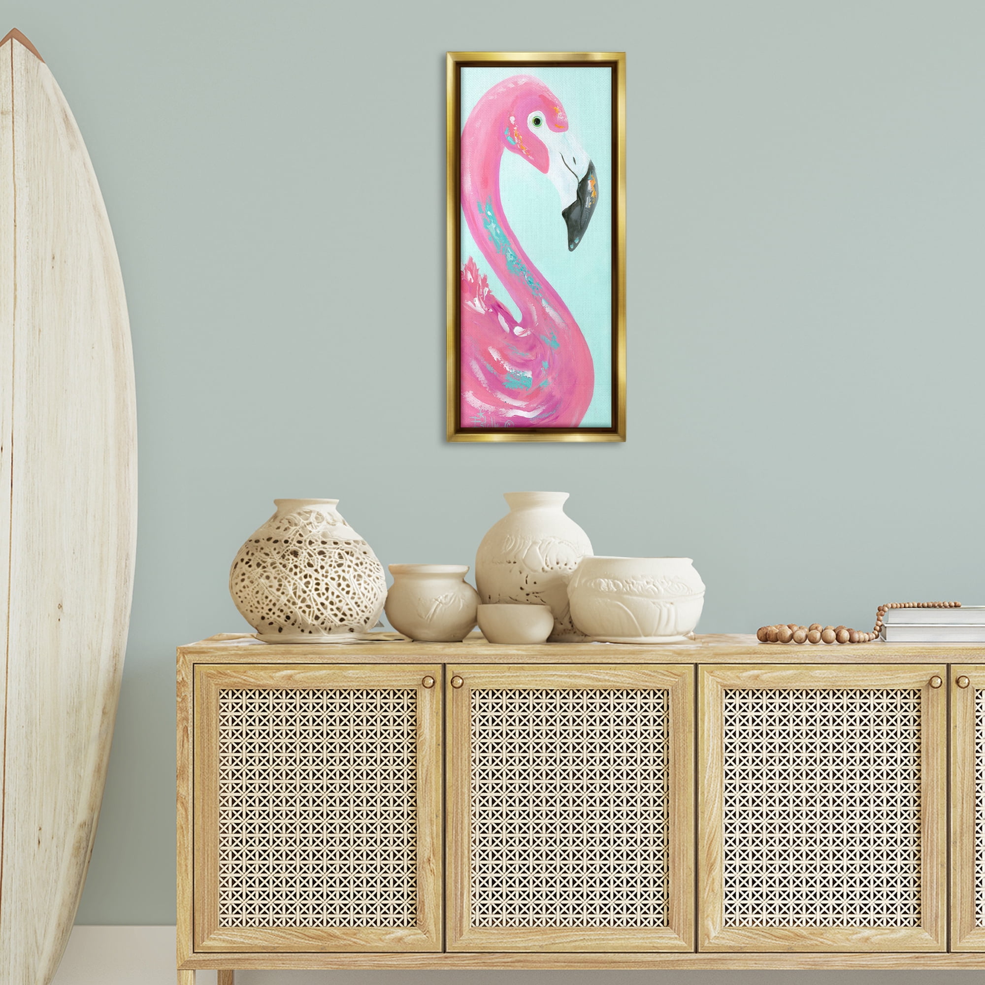 Stupell Industries Odd Flamingo Portrait Animals & Insects Painting Gold Floater Framed Art Print Wall Art, 15 x 31