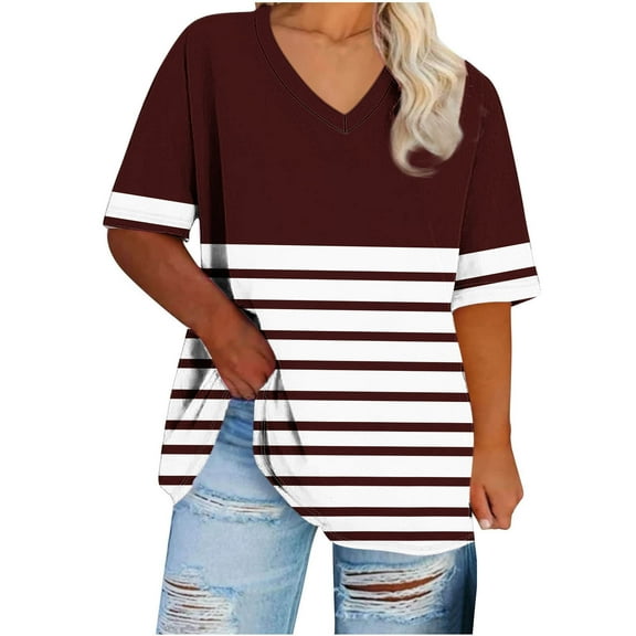 zbxnLI XL-5XL Women Plus Size Blouse Top V Neck Summer Short Sleeve Outfits Fashion Striped Loose Tunic Blouses